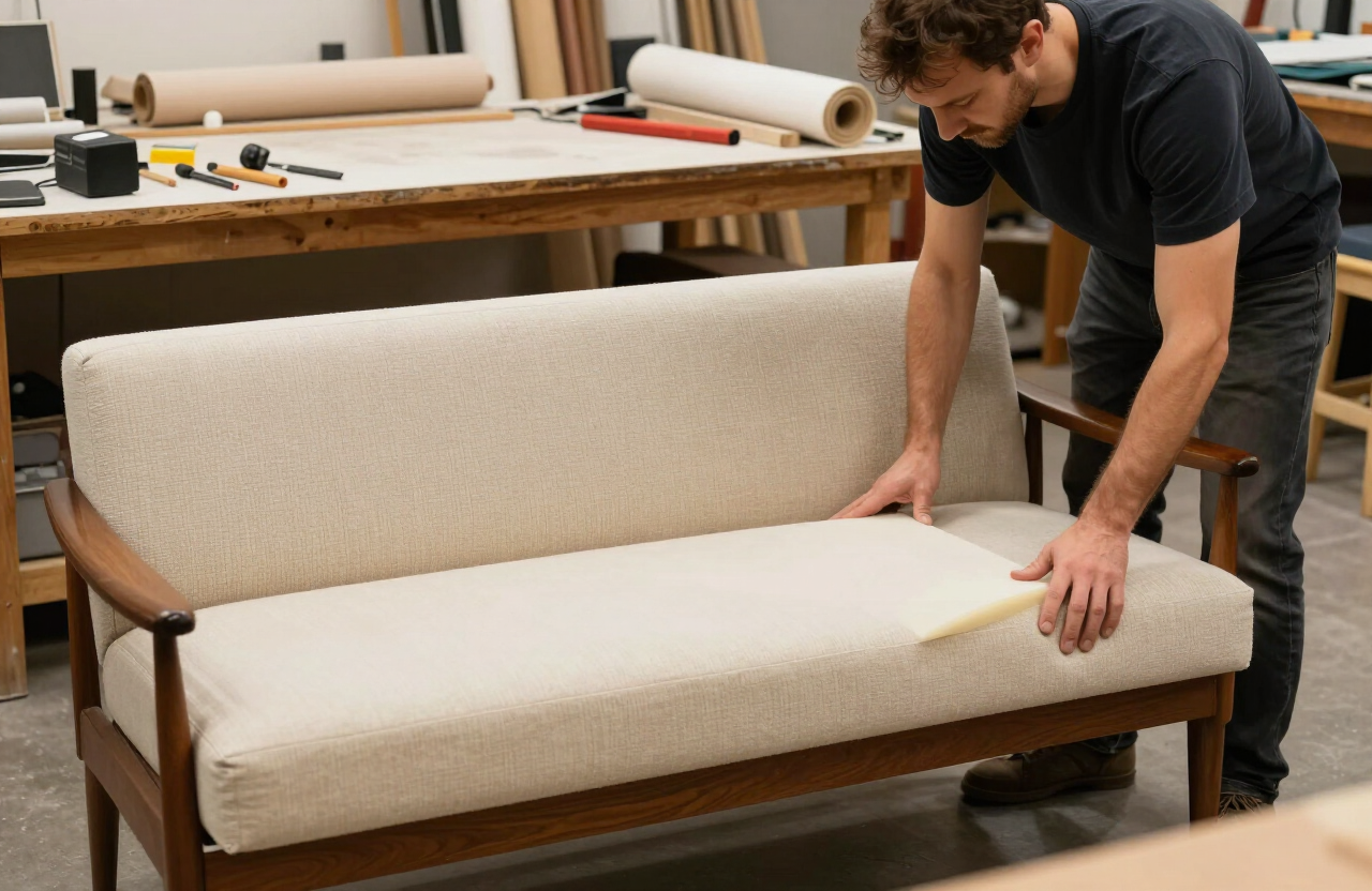 Polster Schaumstoff Zuschnitt – neuer Schaumkern für eine Sofa-Sitzbank in der Polsterwerkstatt