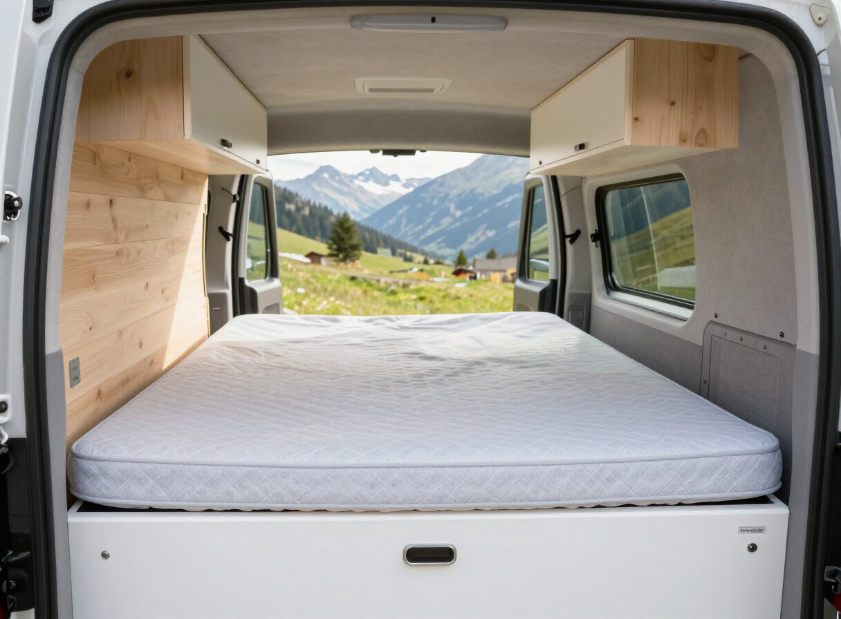 Camper-Ausbau mit massgefertigter Schaumstoffmatratze auf dem umgebauten Bett, Alpenblick durch das Heckfenster