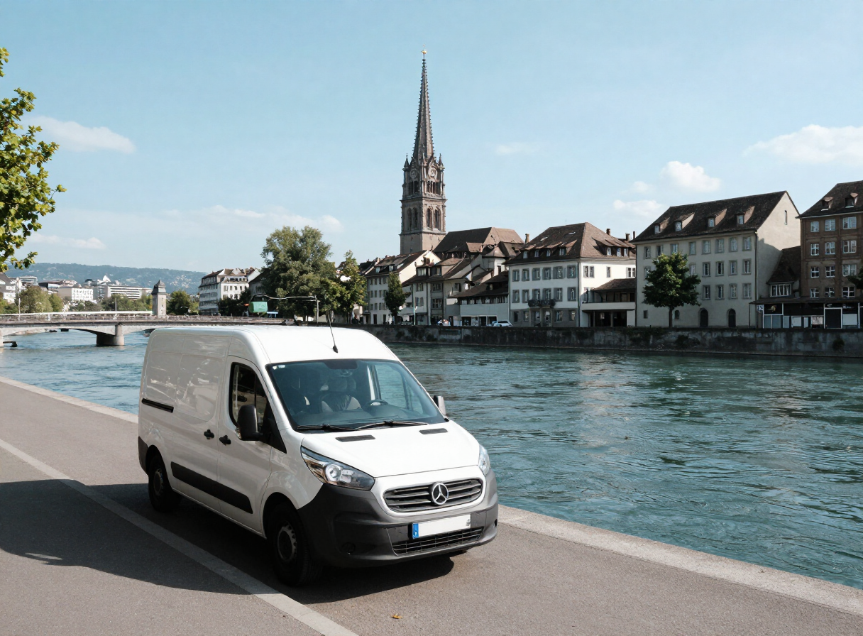 Rhein-Promenade in Basel mit Lieferwagen und Basler Münster im Hintergrund, Schweizer Kennzeichen