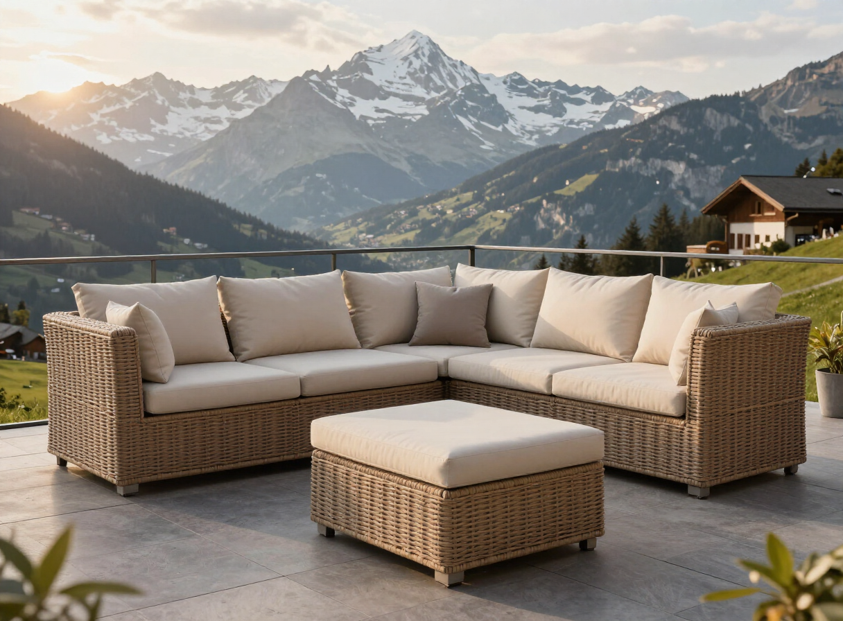 Berner Gartenlounge auf einer Terrasse mit massgefertigten Outdoor-Polstern auf Rattanmöbeln, Blick auf die Berner Alpen