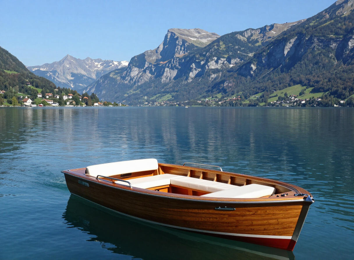 Vierwaldstättersee bei Luzern mit Holzboot und massgefertigten weissen Sitzpolstern, Alpen im Hintergrund