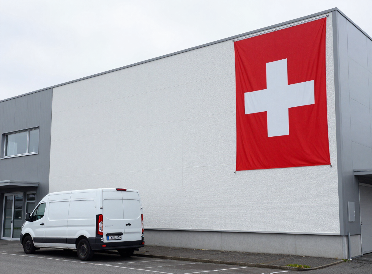 Schaumstoff-Manufaktur in Wallisellen bei Zürich mit Schweizer Flagge und Lieferwagen vor dem Industriegebäude
